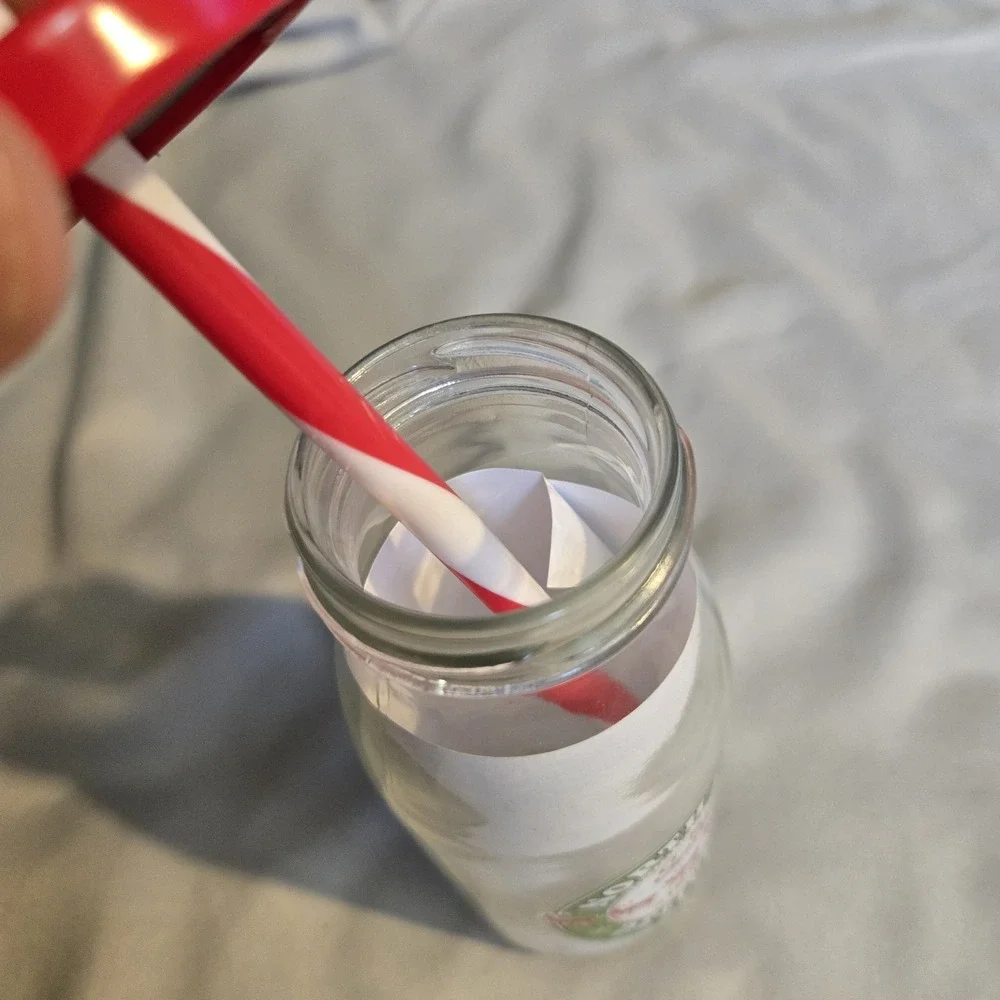 North Pole Delivery Santa Glass Milk Bottle Red Lid Straw Christmas Holiday